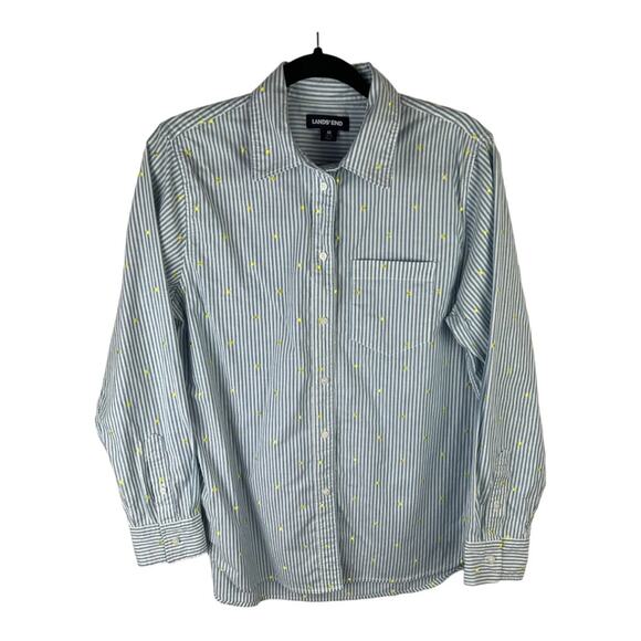 Land's End Blue and White Striped Yellow Dot Button Down Shirt Size M 10/12 - Picture 1 of 7